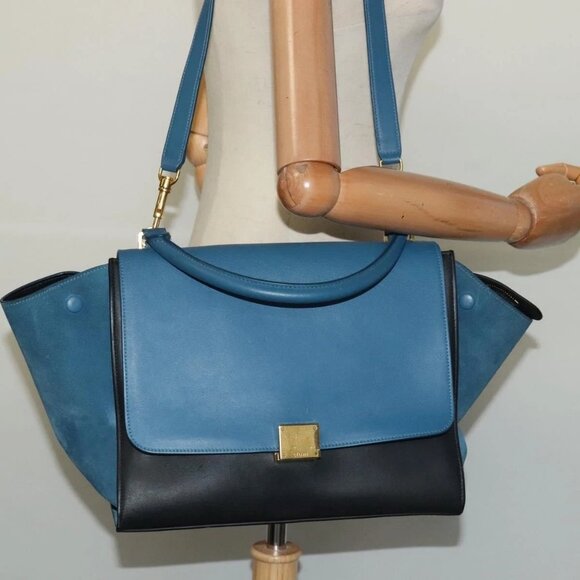 CELINE Trapeze Hand Bag Leather 2way Blue Gold Auth BA2576 - Picture 3 of 16